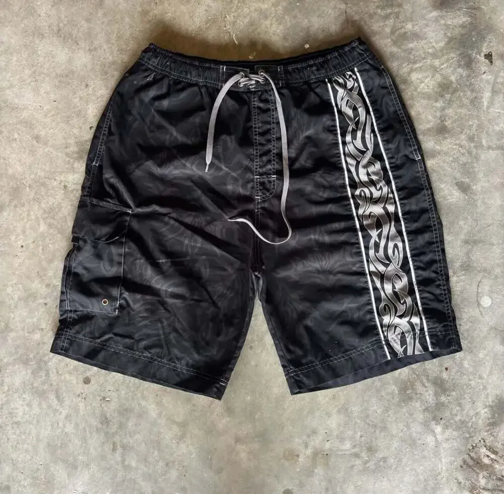 Vintage 90s tribal flames black board shorts surf skate